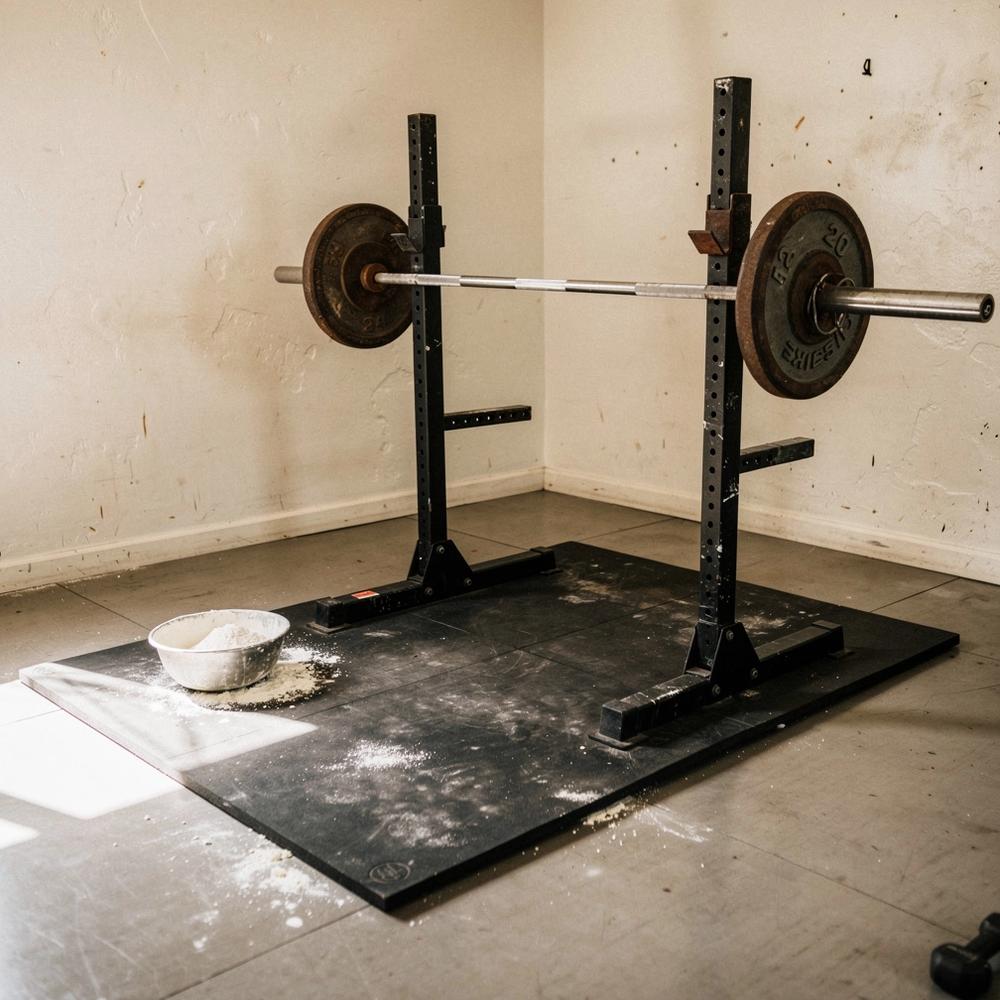 Documentary view of the coaching studio floor with a lifting platform, rack and one loaded barbell in daylight.