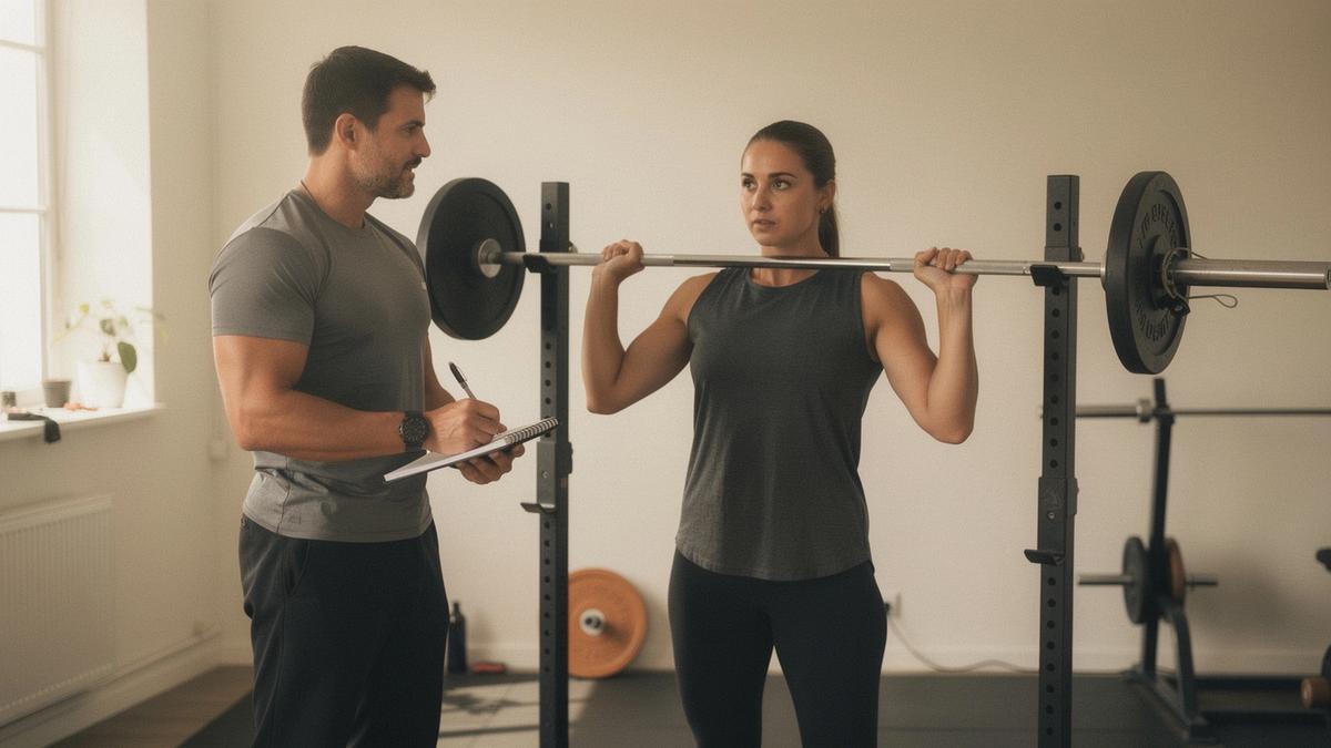 Coach standing beside a client, watching a working set with a logbook in hand